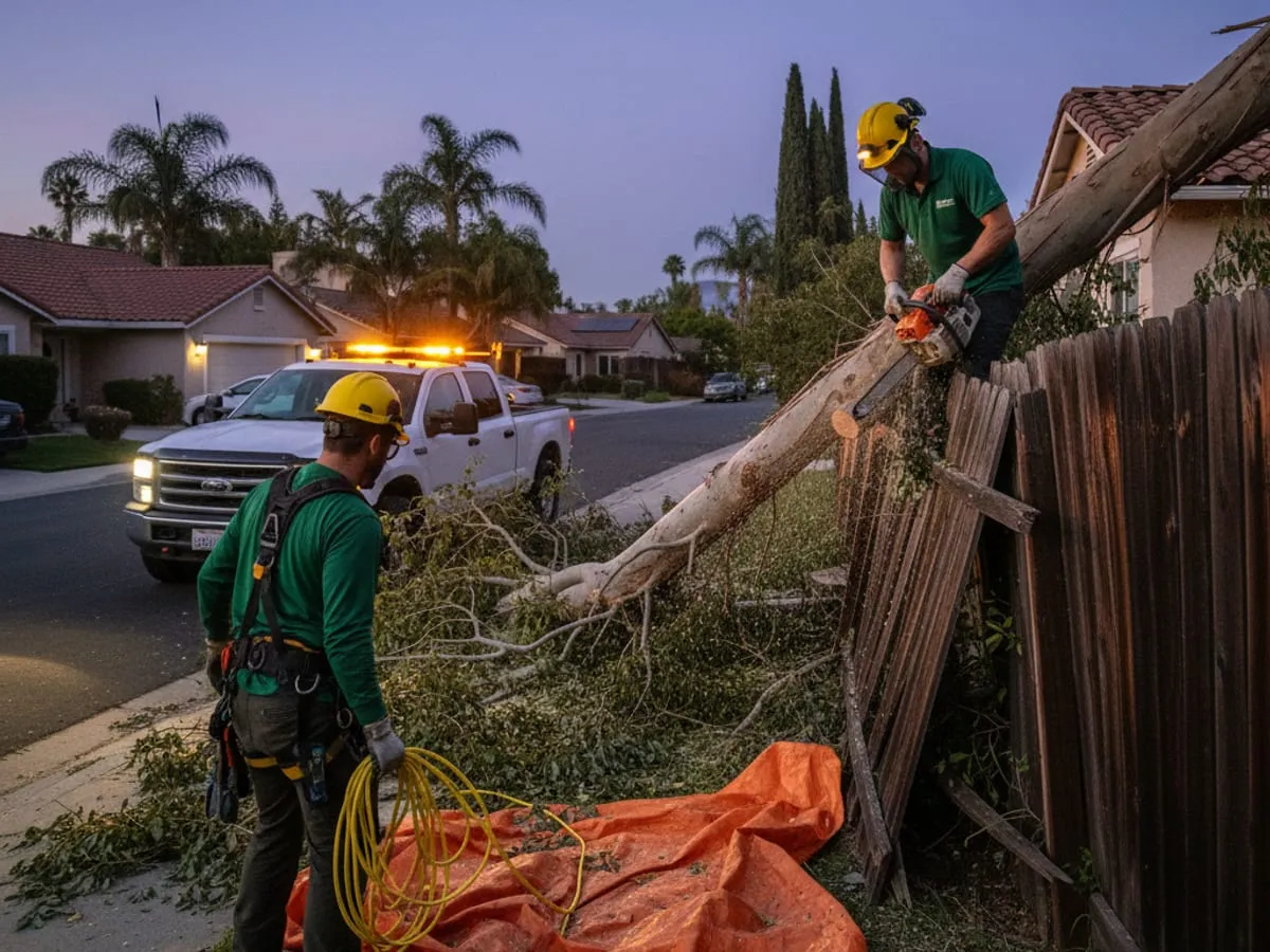 Emergency tree service crew clearing a fallen tree from a San Diego driveway after a storm