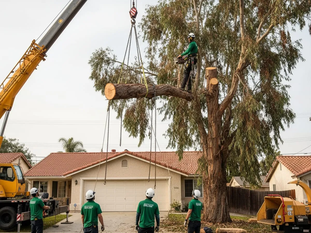 Large eucalyptus tree being removed section-by-section in a San Diego yard