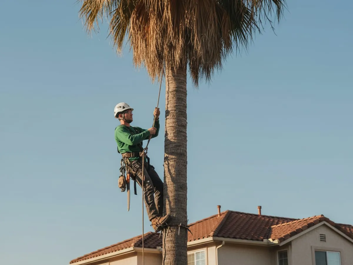 Palm specialist trimming a Mexican fan palm in a San Diego front yard