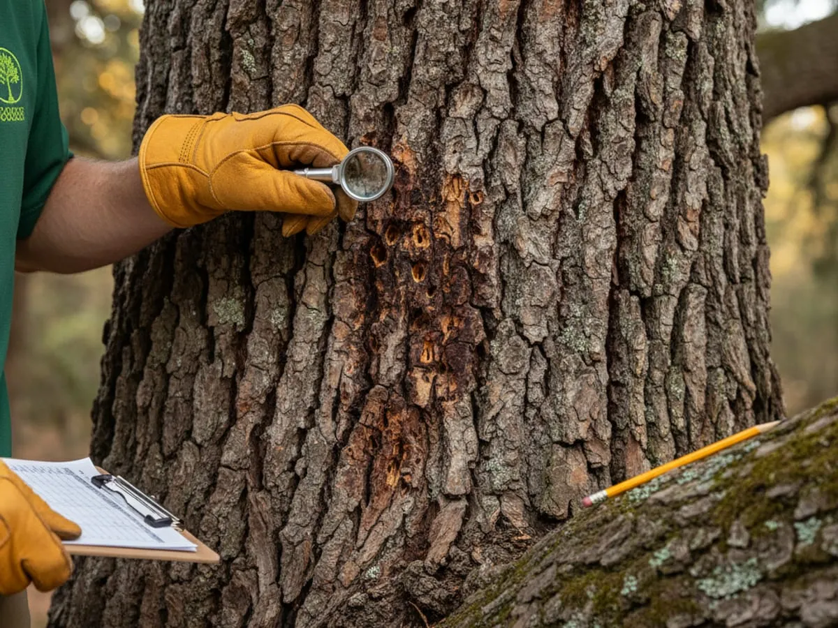 Arborist inspecting bark and canopy for beetle damage on a mature San Diego oak